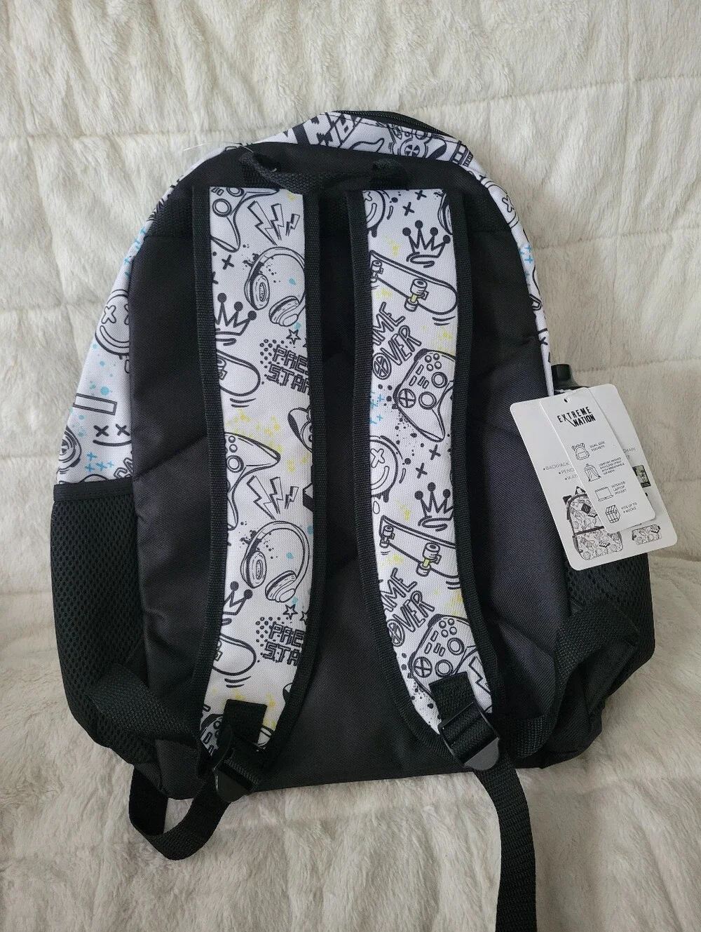 Extreme Nation 7 PC Set Kids Game Print Backpack with Matching Pouch White/Black